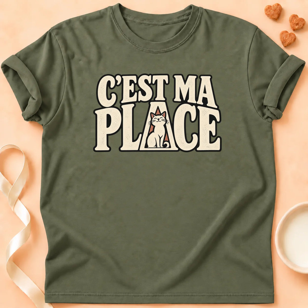 T-shirt chat Patoume – T-shirt C’est ma place – Vert kaki