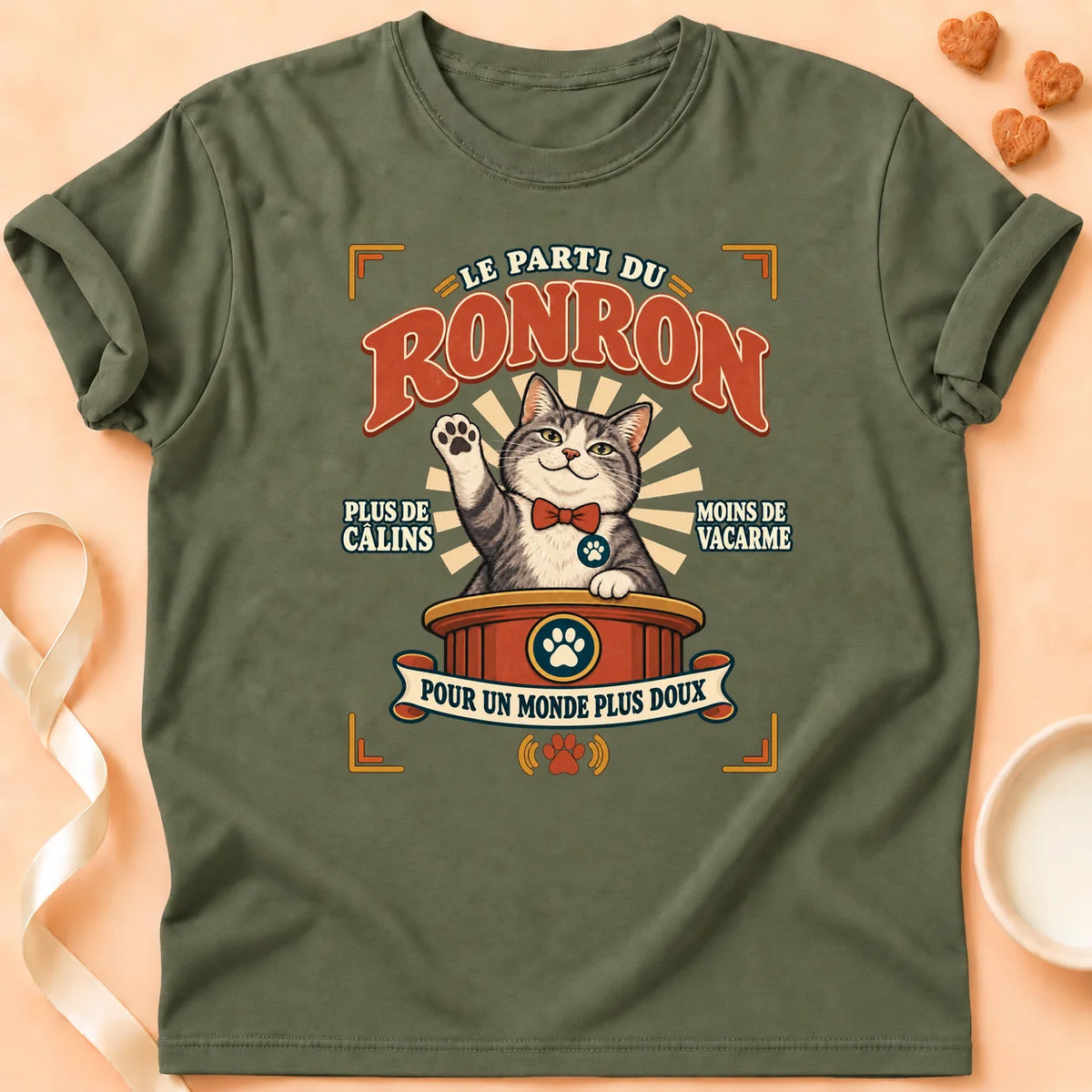 T-shirt chat Patoume – T-shirt Parti Ronron – Vert kaki