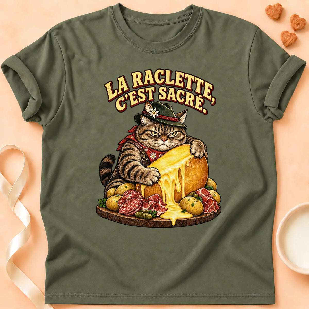 T-shirt chat Patoume – T-shirt Raclette – Vert kaki