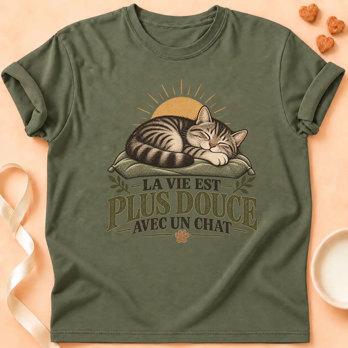 T-shirt chat Patoume – T-shirt Vie douce – Vert kaki