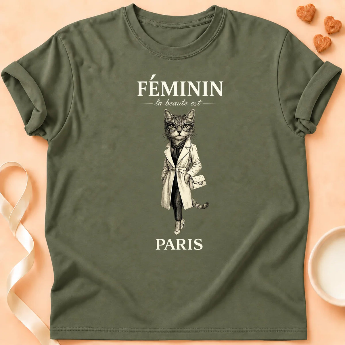 T-shirt chat Patoume – T-Shirt Chic – Vert kaki