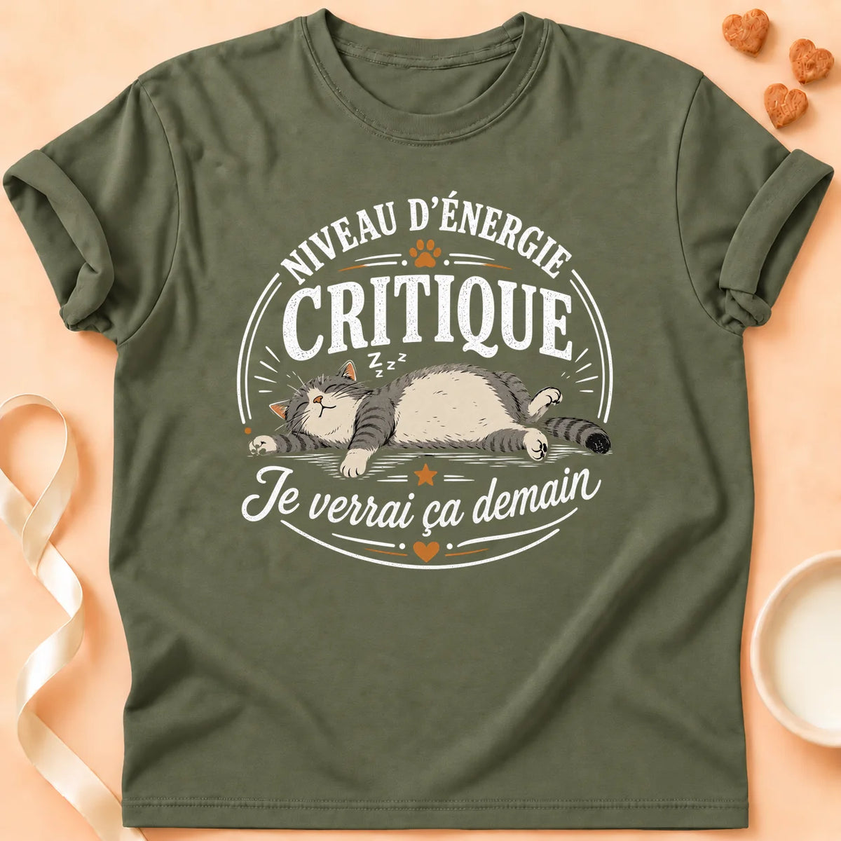 T-shirt chat Patoume – T-Shirt Flemme – Vert kaki