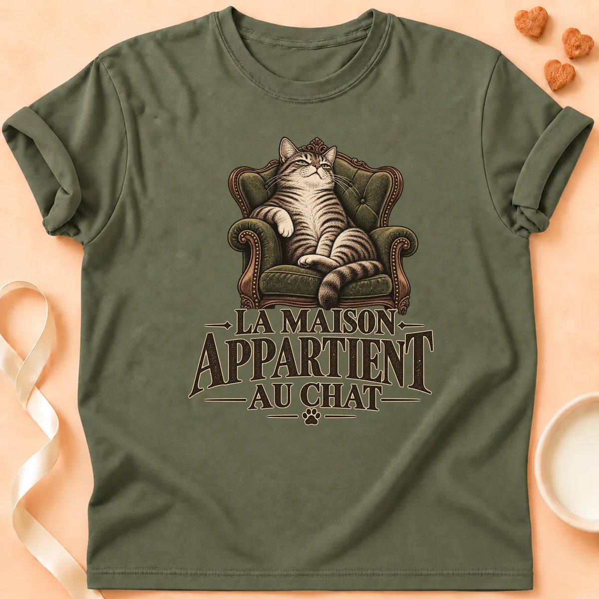 T-shirt chat Patoume – T-shirt Sa maison – Vert kaki