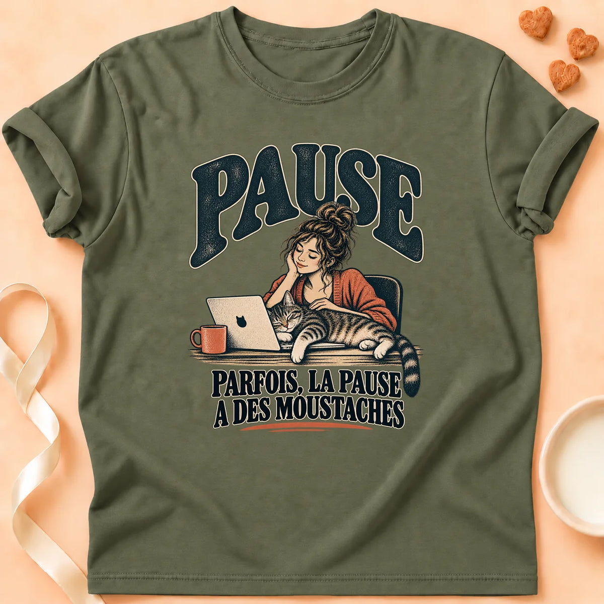 T-shirt chat Patoume – T-shirt Pause moustaches – Vert kaki