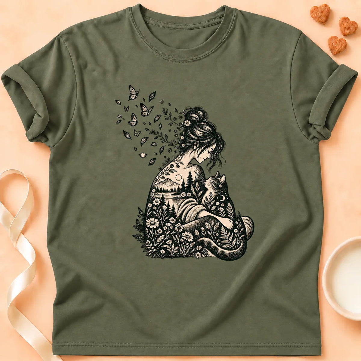 T-shirt chat Patoume – T-shirt Mon calme – Vert kaki