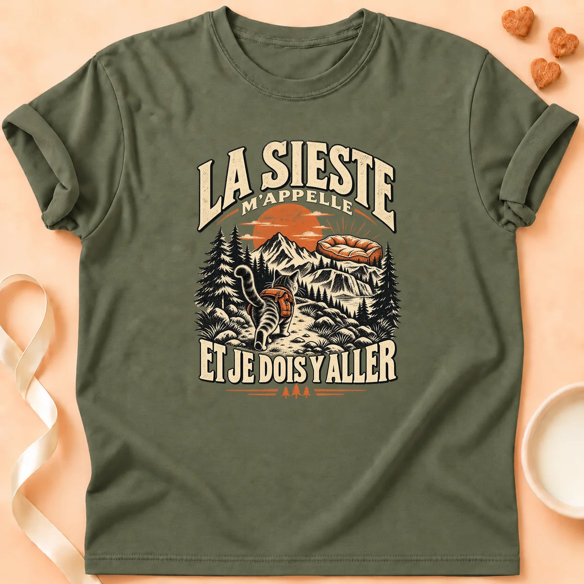 T-shirt chat Patoume – T-shirt Sieste d'abord – Vert kaki