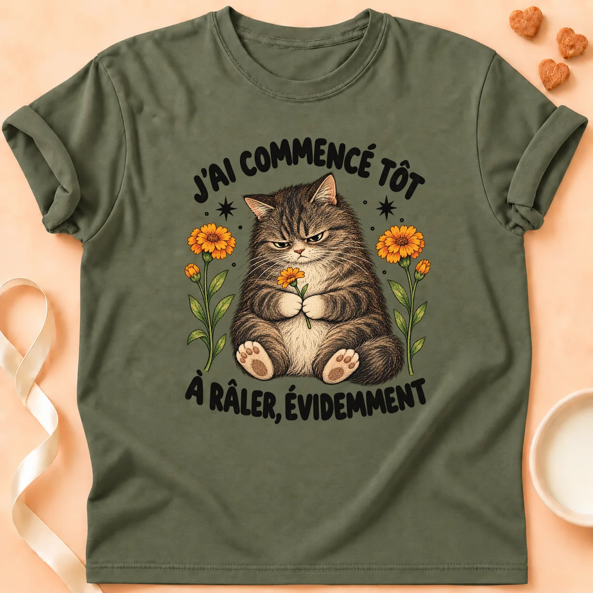T-shirt chat Patoume – T-shirt Râler – Vert kaki