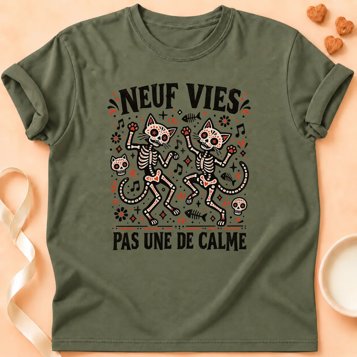 T-shirt chat Patoume – T-shirt Neuf vies – Vert kaki