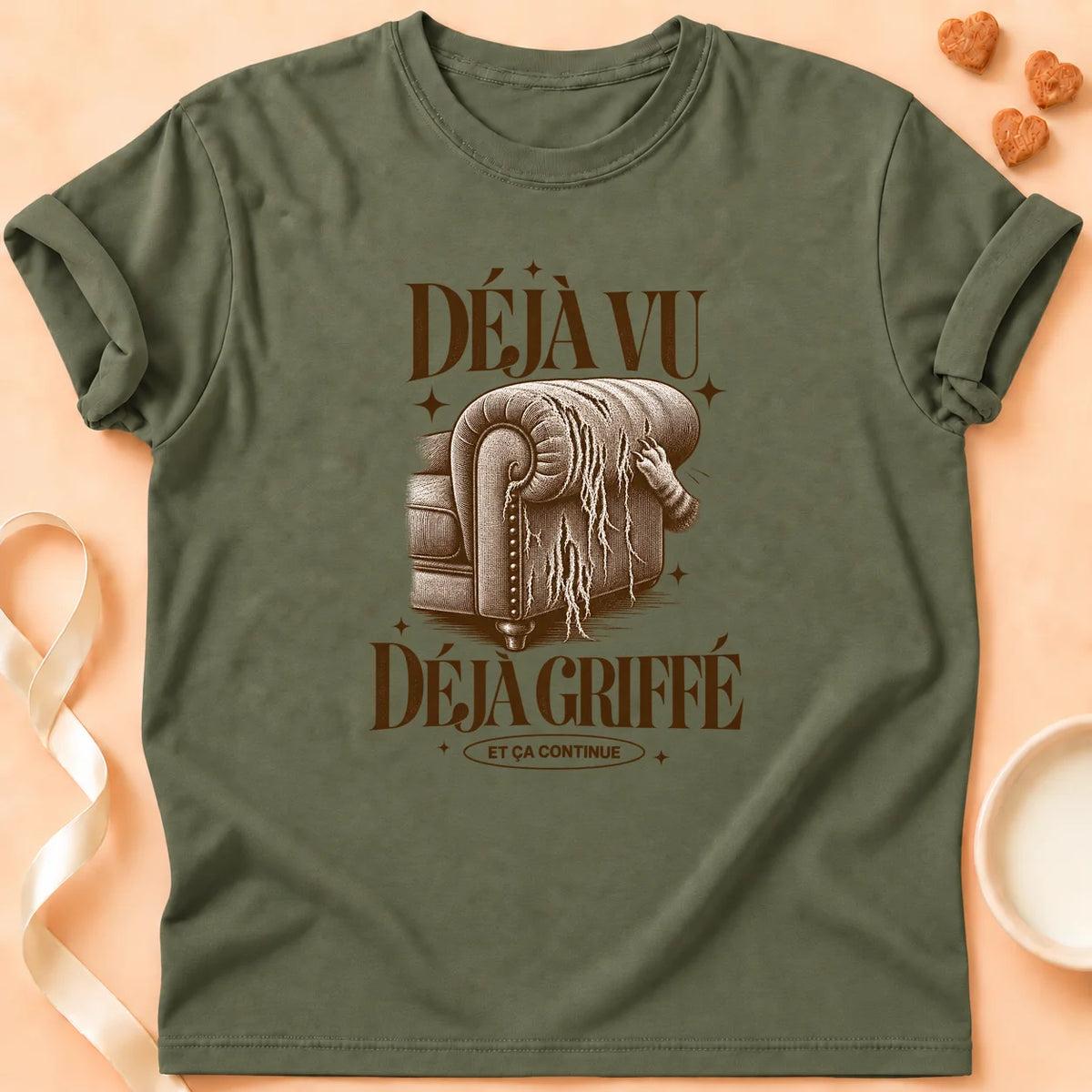 T-shirt chat Patoume – T-shirt Griffes déjà vu – Vert kaki
