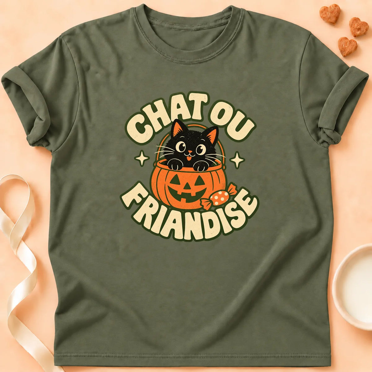 T-shirt chat Patoume – T-shirt Chat ou friandise – Vert kaki