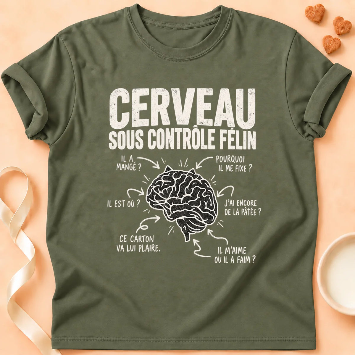 T-shirt chat Patoume – T-shirt Cerveau félin – Vert kaki