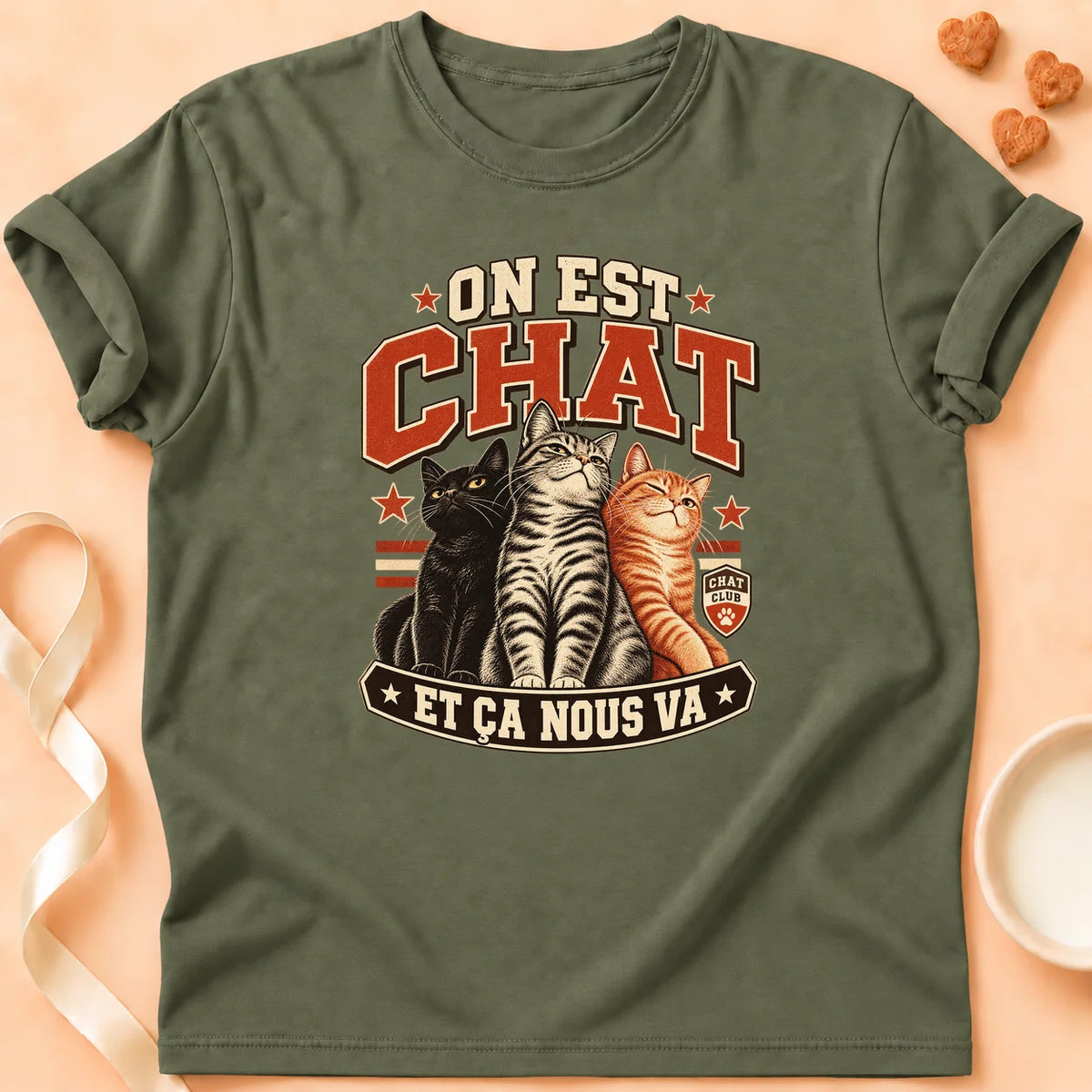 T-shirt chat Patoume – T-shirt On est chat – Vert kaki