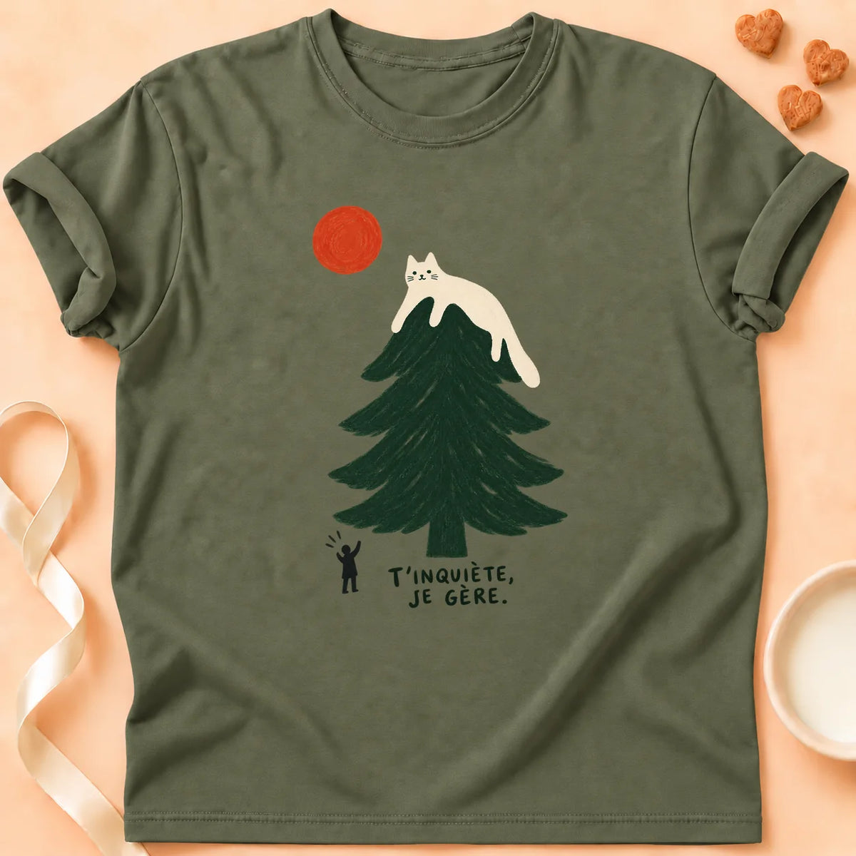 T-shirt chat Patoume – T-shirt T’inquiète je gère – Vert kaki