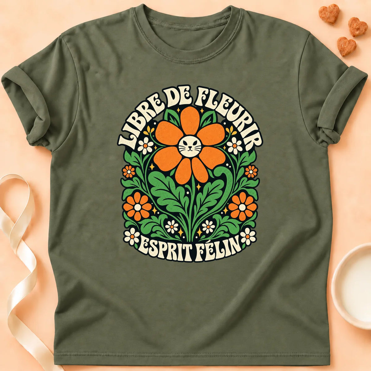 T-shirt chat Patoume – T-shirt Libre de fleurir – Vert kaki