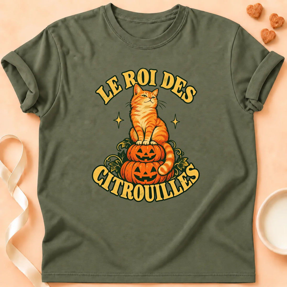 T-shirt chat Patoume – T-shirt Le roi des citrouilles – Vert kaki