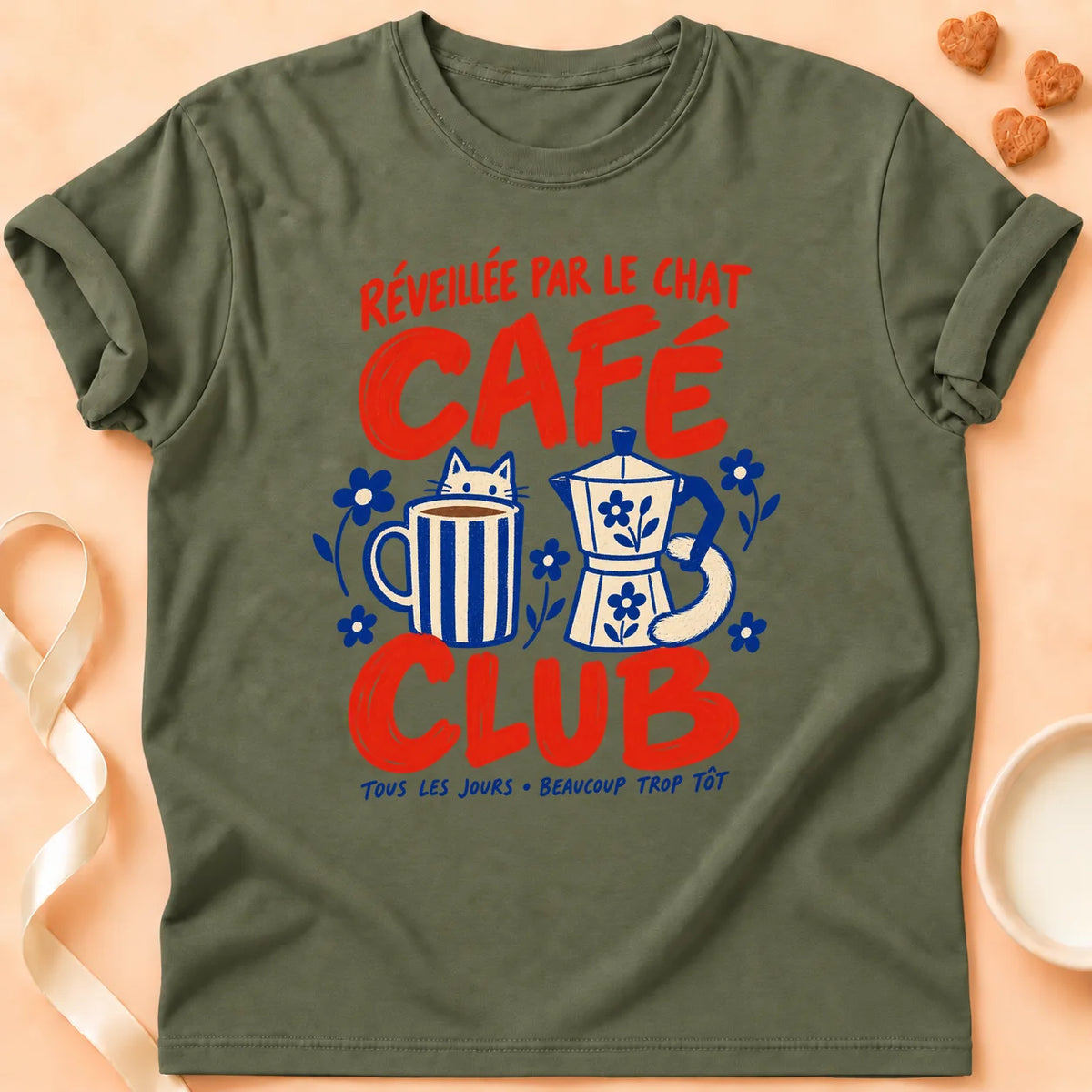 T-shirt chat Patoume – T-shirt Café club – Vert kaki
