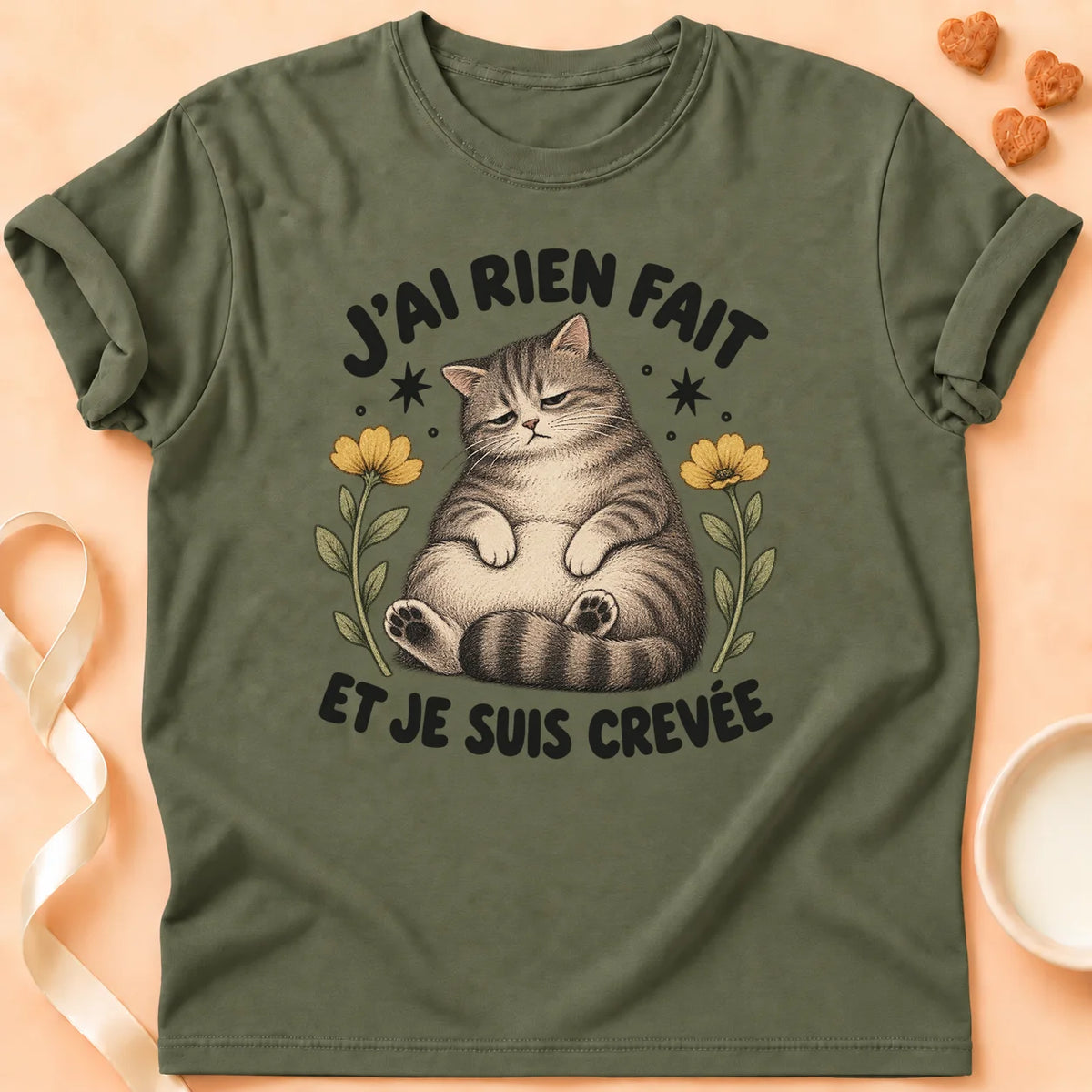 T-shirt chat Patoume – T-shirt Je suis crevée – Vert kaki