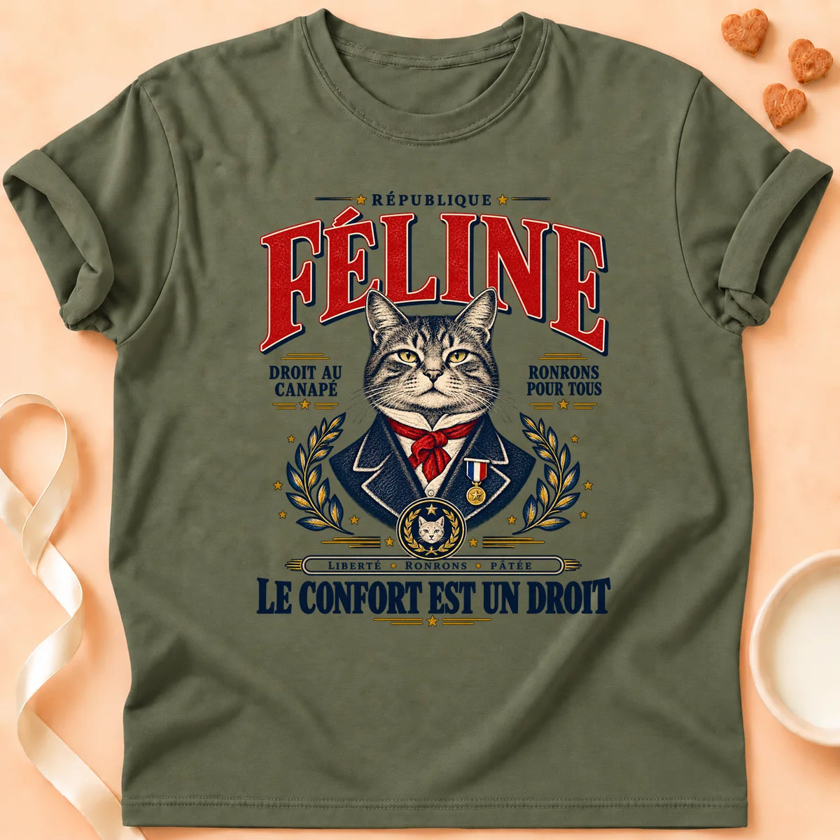 T-shirt chat Patoume – T-shirt République féline – Vert kaki
