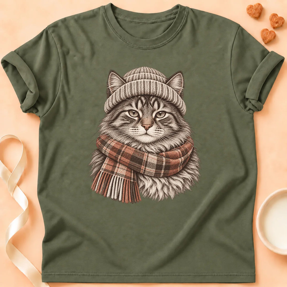 T-shirt chat Patoume – T-shirt Bonnet Chat – Vert kaki