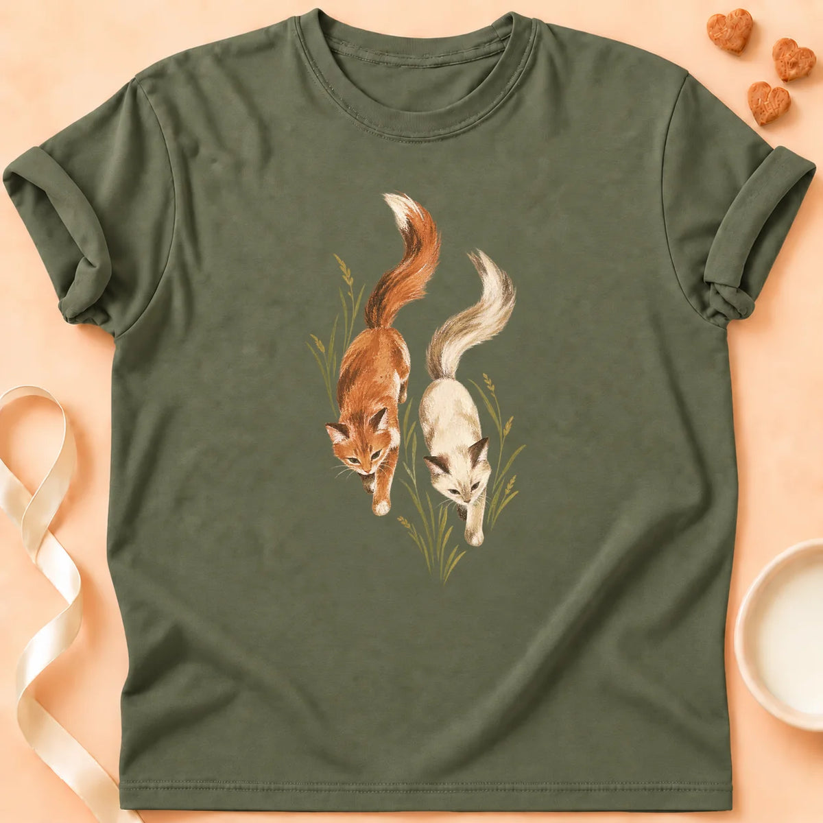 T-shirt chat Patoume – T-shirt Deux Chats – Vert kaki