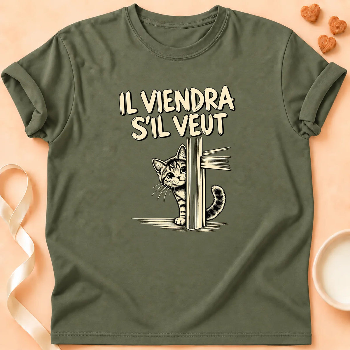 T-shirt chat Patoume – T-shirt Il viendra s’il veut – Vert kaki