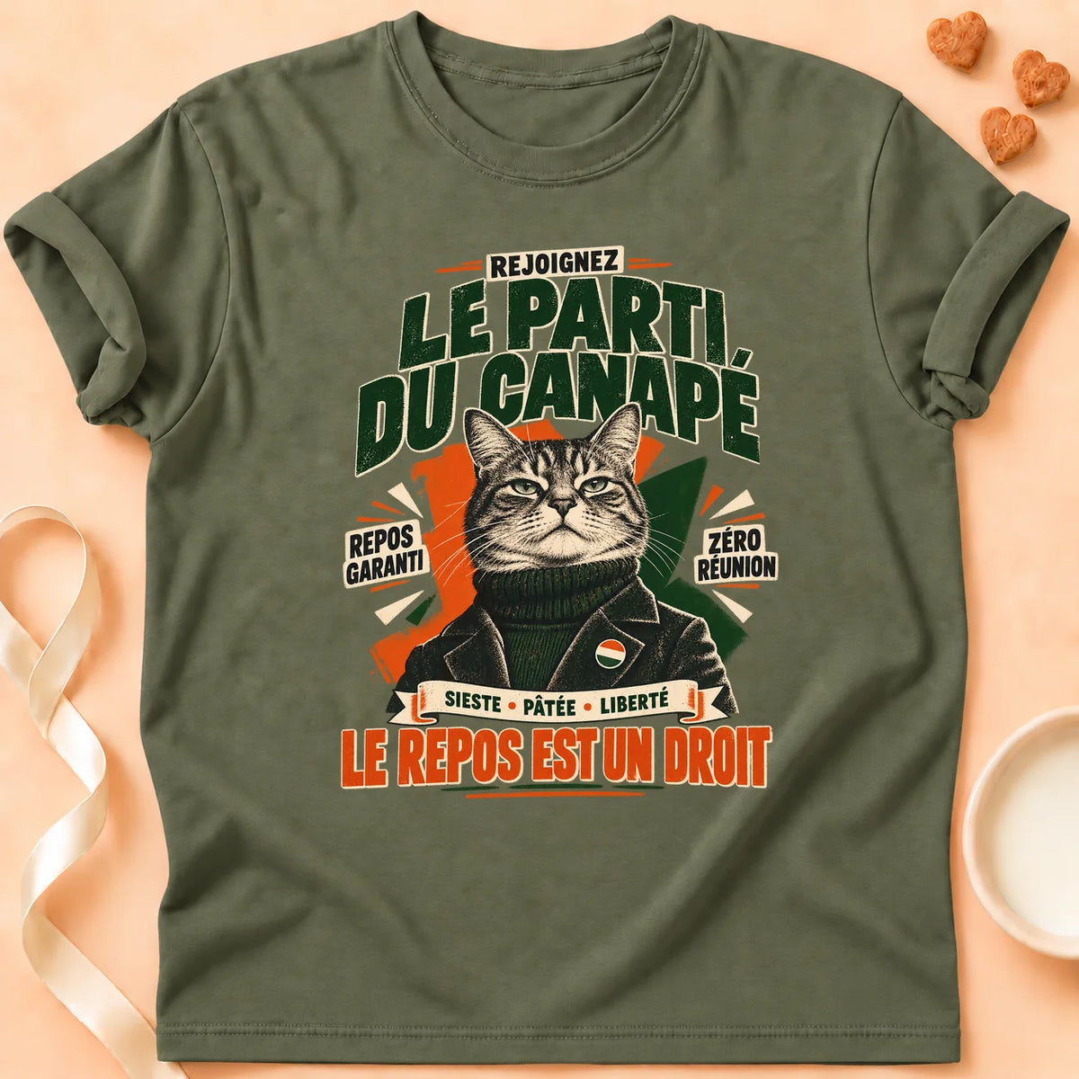 T-shirt chat Patoume – T-shirt Le parti du canapé – Vert kaki