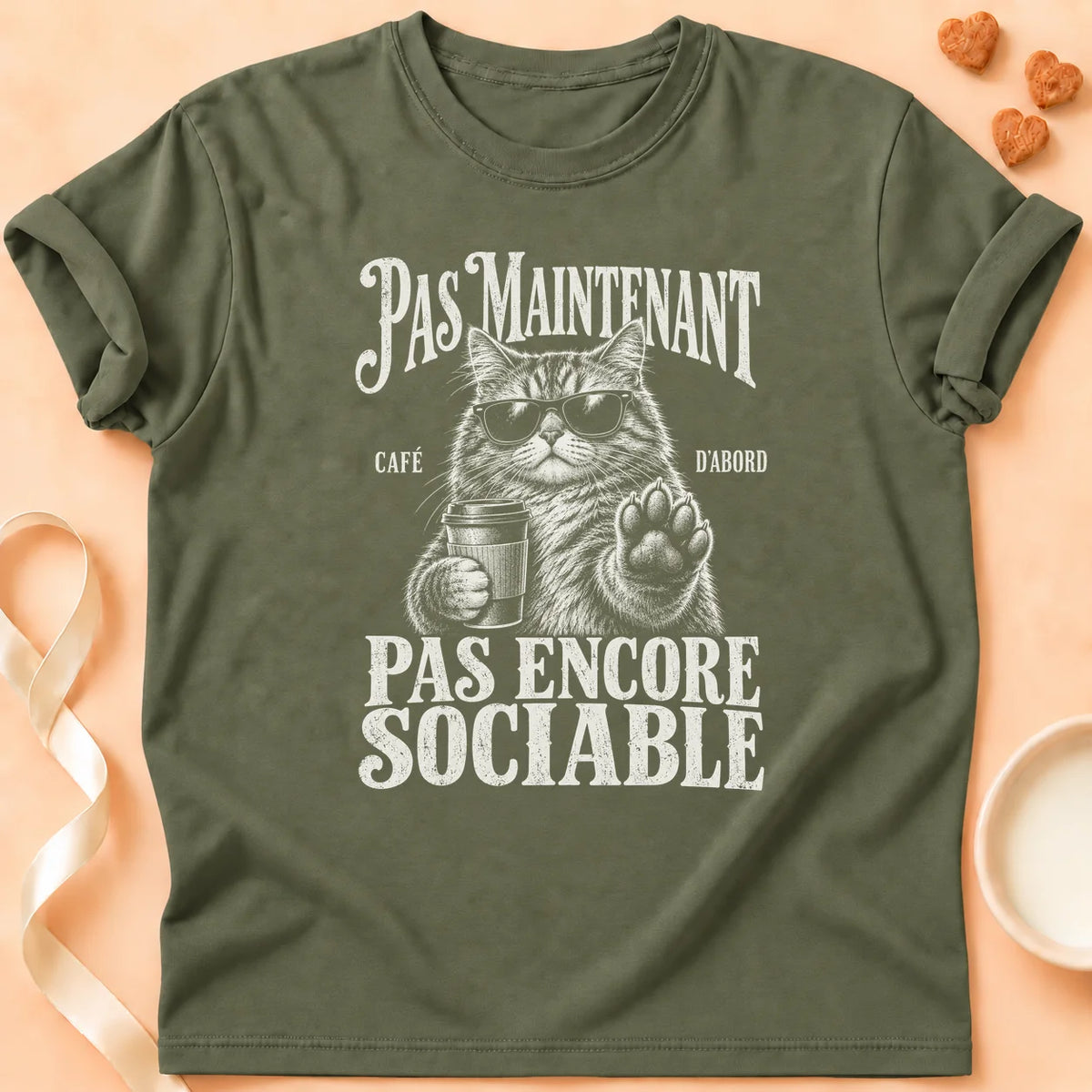 T-shirt chat Patoume – T-shirt Pas maintenant – Vert kaki