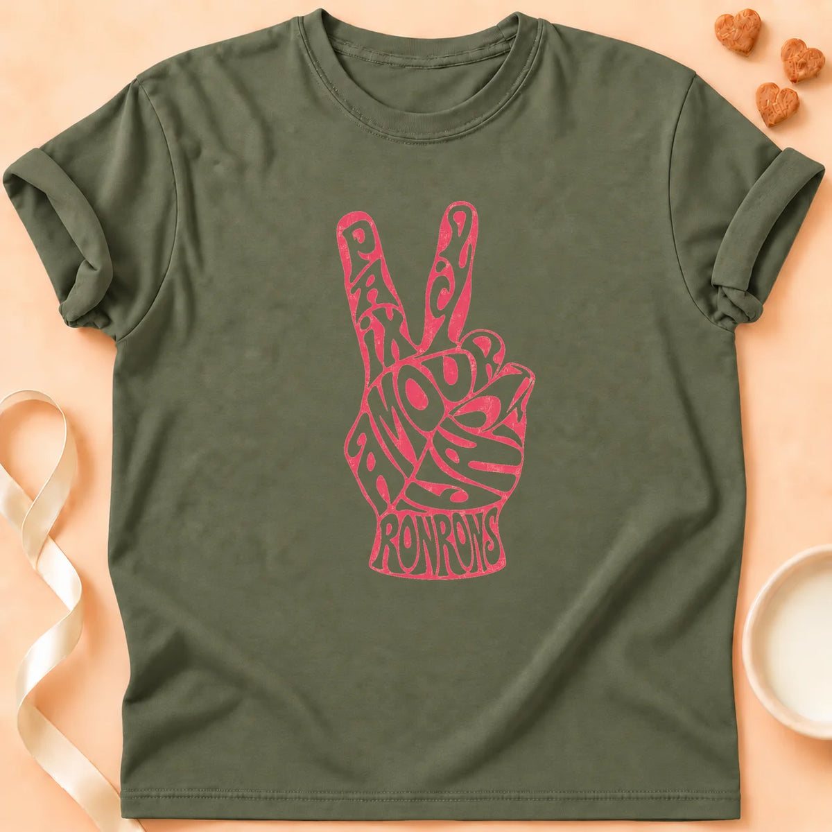 T-shirt chat Patoume – T-shirt Paix amour ronrons – Vert kaki