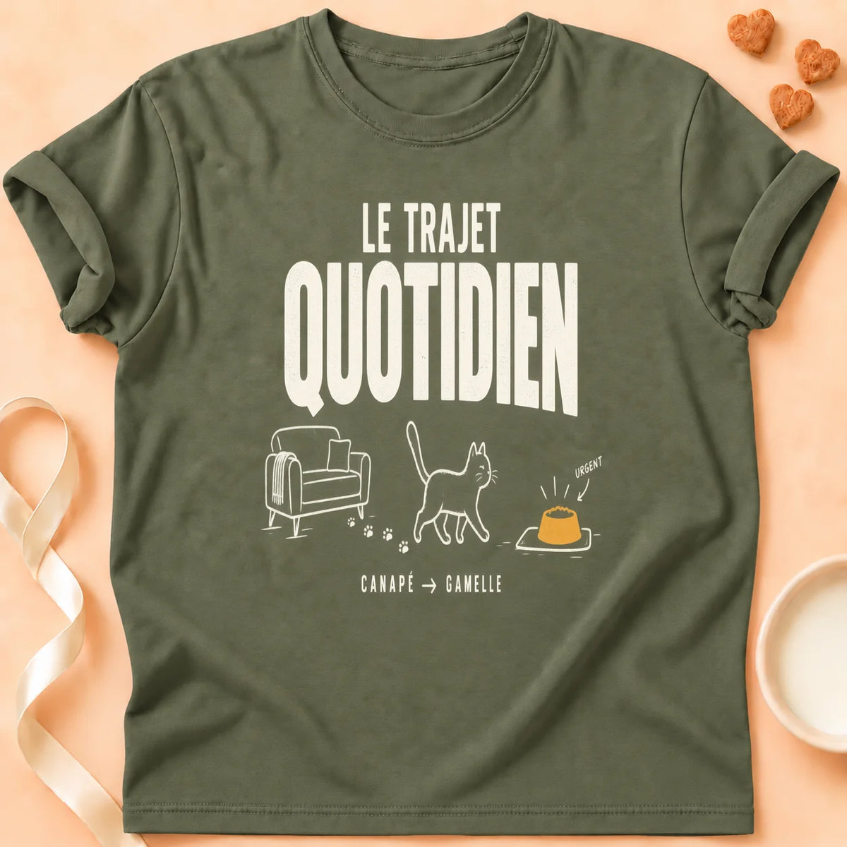 T-shirt chat Patoume – T-shirt Le trajet quotidien – Vert kaki