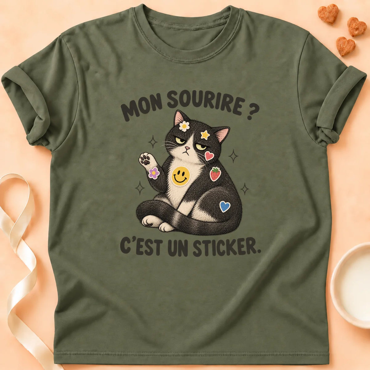 T-shirt chat Patoume – T-shirt Sticker – Vert kaki