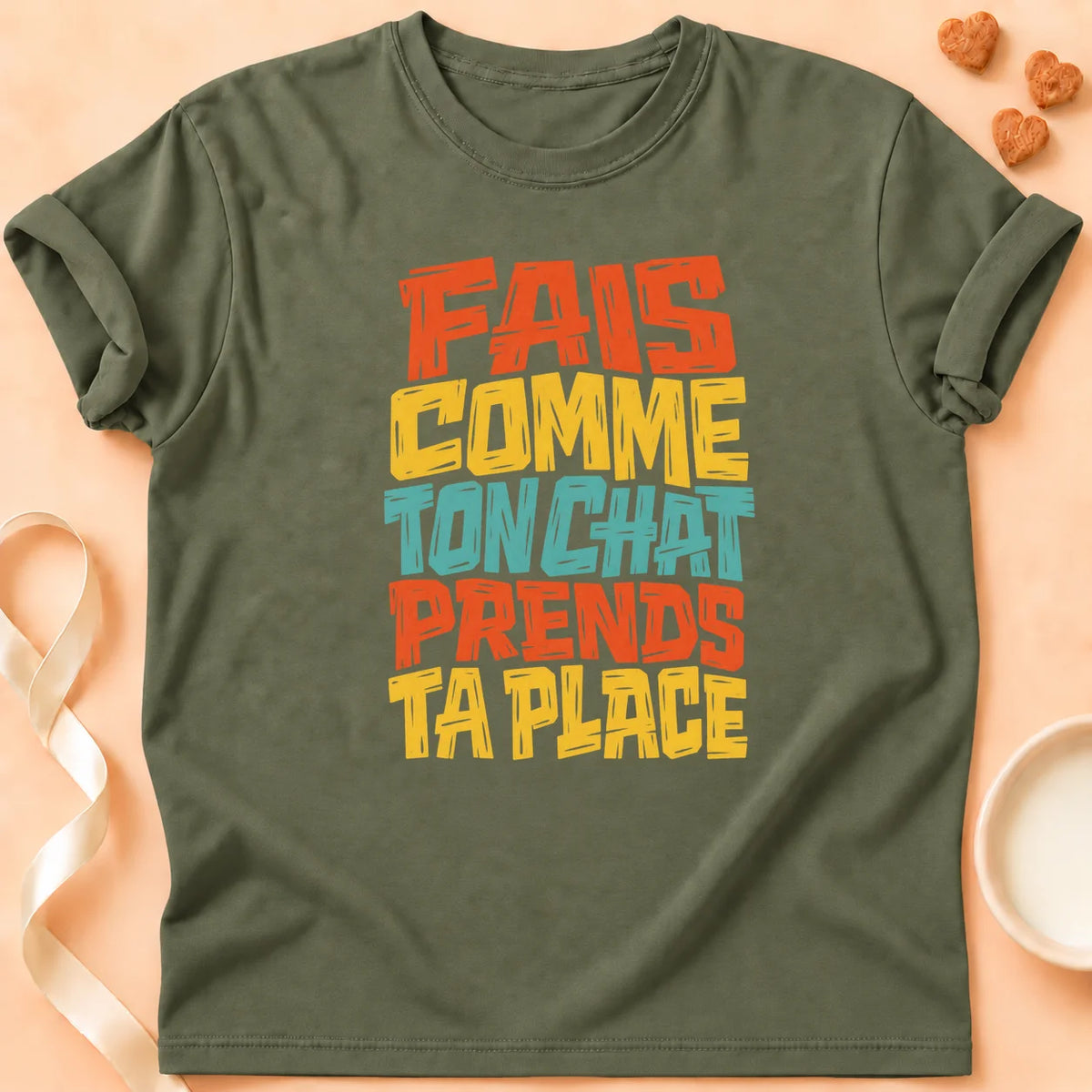 T-shirt chat Patoume – T-shirt Prends ta place – Vert kaki