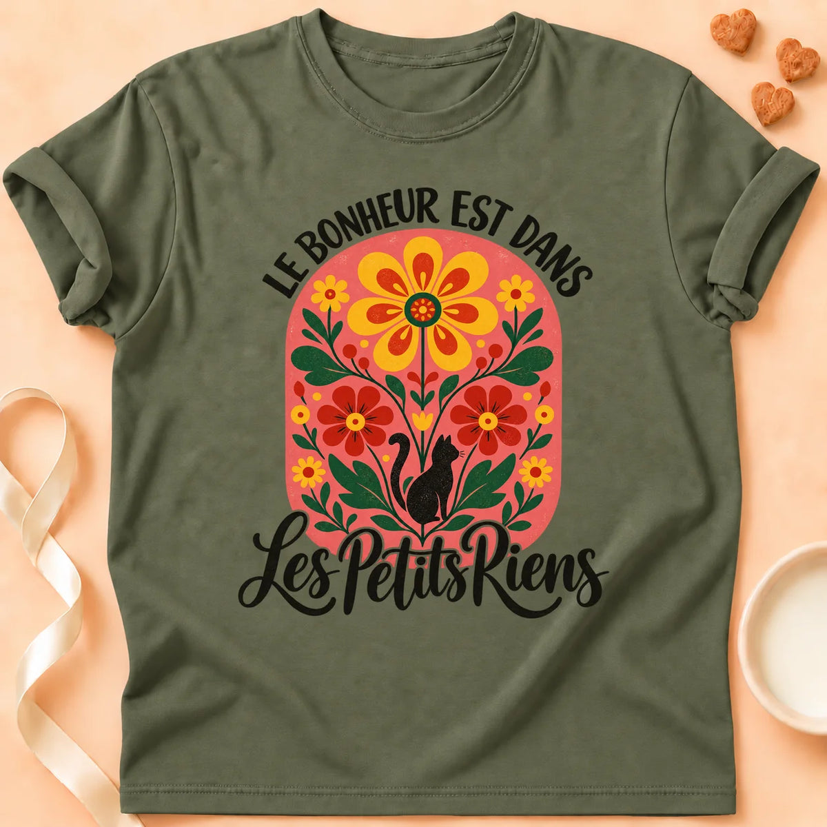 T-shirt chat Patoume – T-shirt Les petits riens – Vert kaki