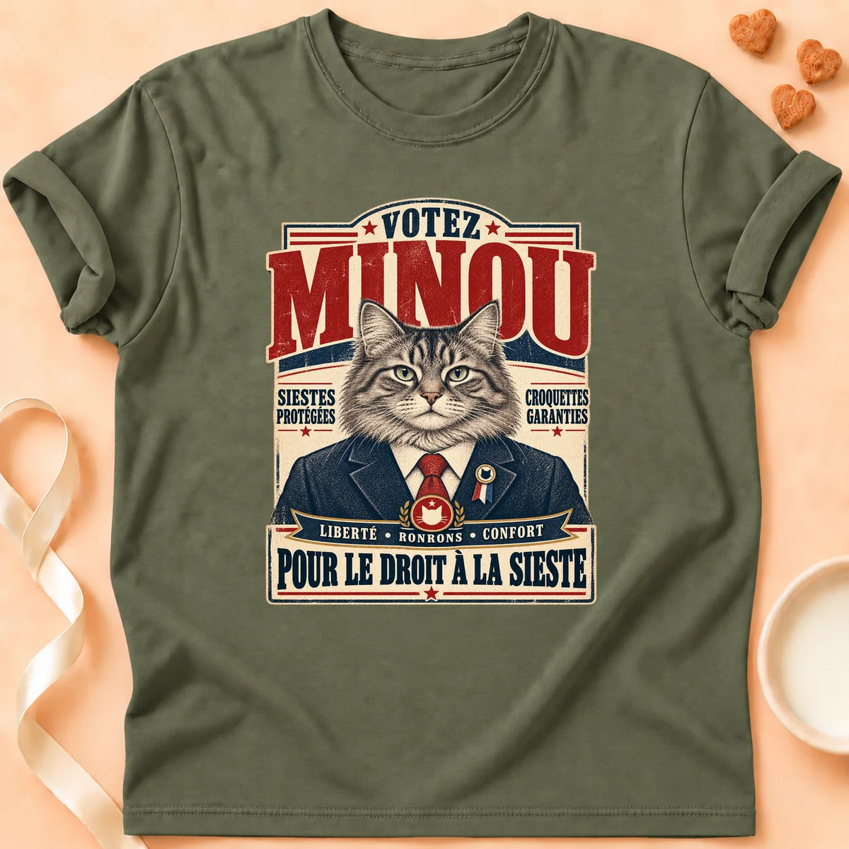 T-shirt chat Patoume – T-shirt Votez minou – Vert kaki