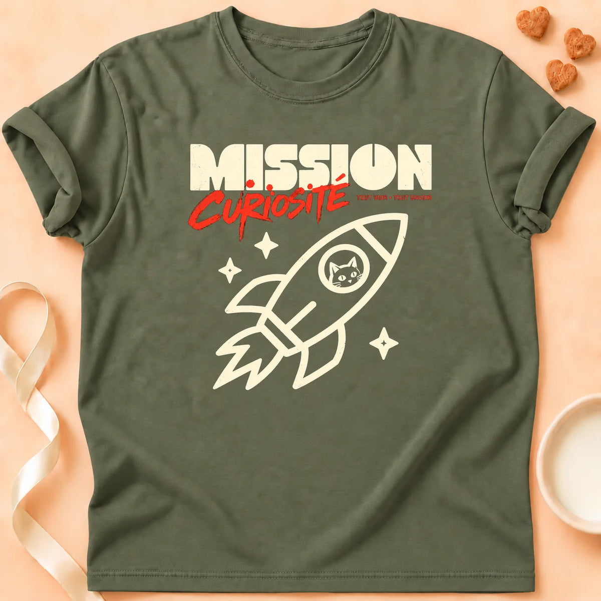 T-shirt chat Patoume – T-shirt Mission curiosité – Vert kaki