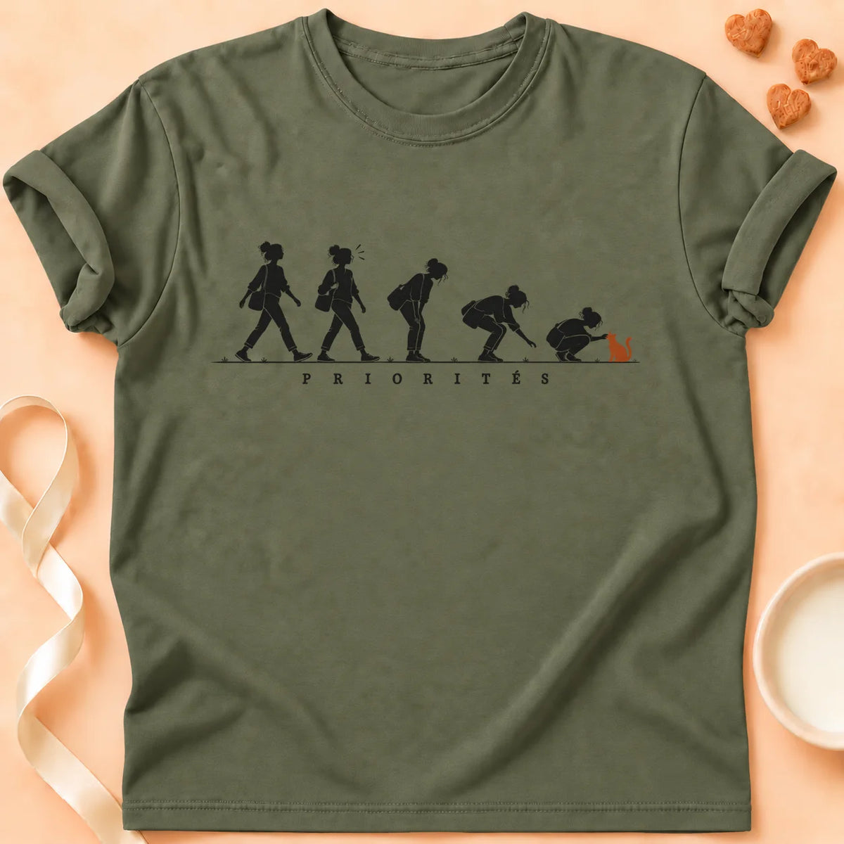 T-shirt chat Patoume – T-shirt Priorités – Vert kaki
