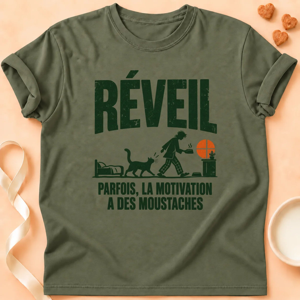 T-shirt chat Patoume – T-shirt La motivation réveil – Vert kaki
