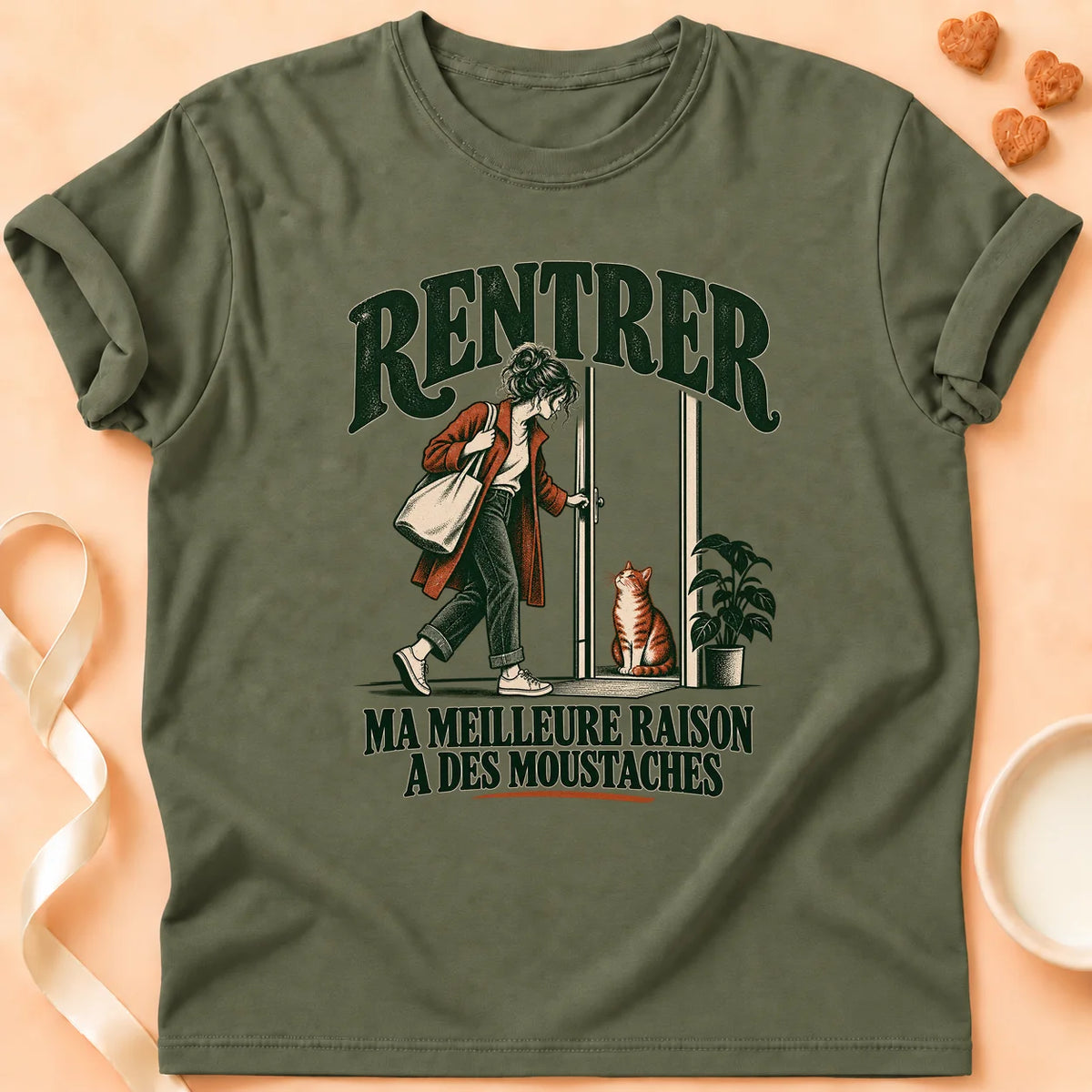 T-shirt chat Patoume – T-shirt Rentrer moustaches – Vert kaki