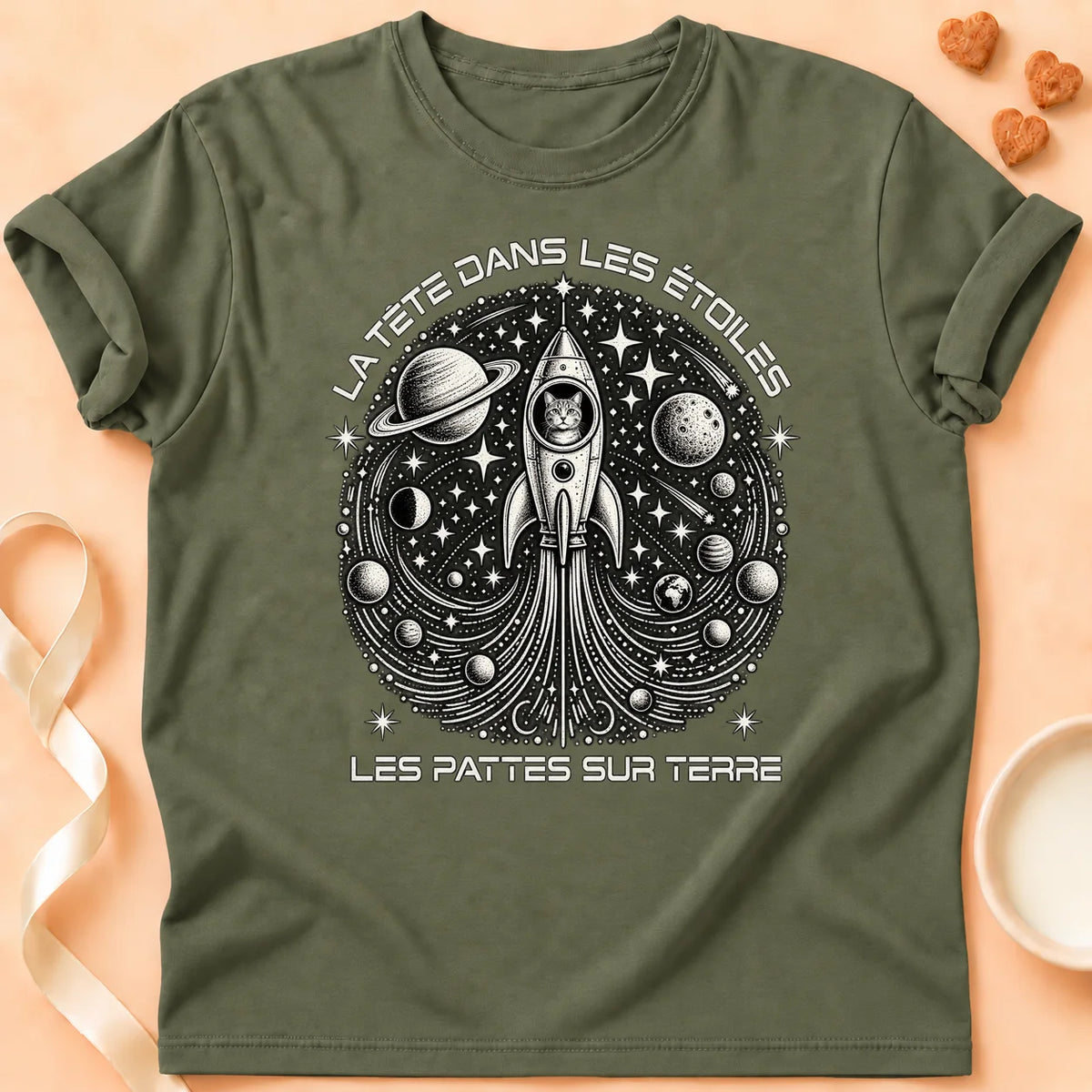 T-shirt chat Patoume – T-shirt Dans les étoiles – Vert kaki