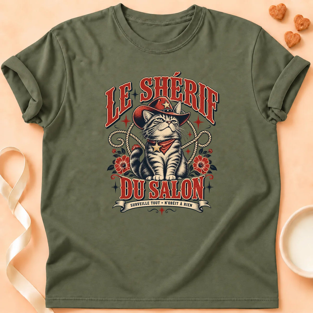 T-shirt chat Patoume – T-shirt Le shérif du – Vert kaki