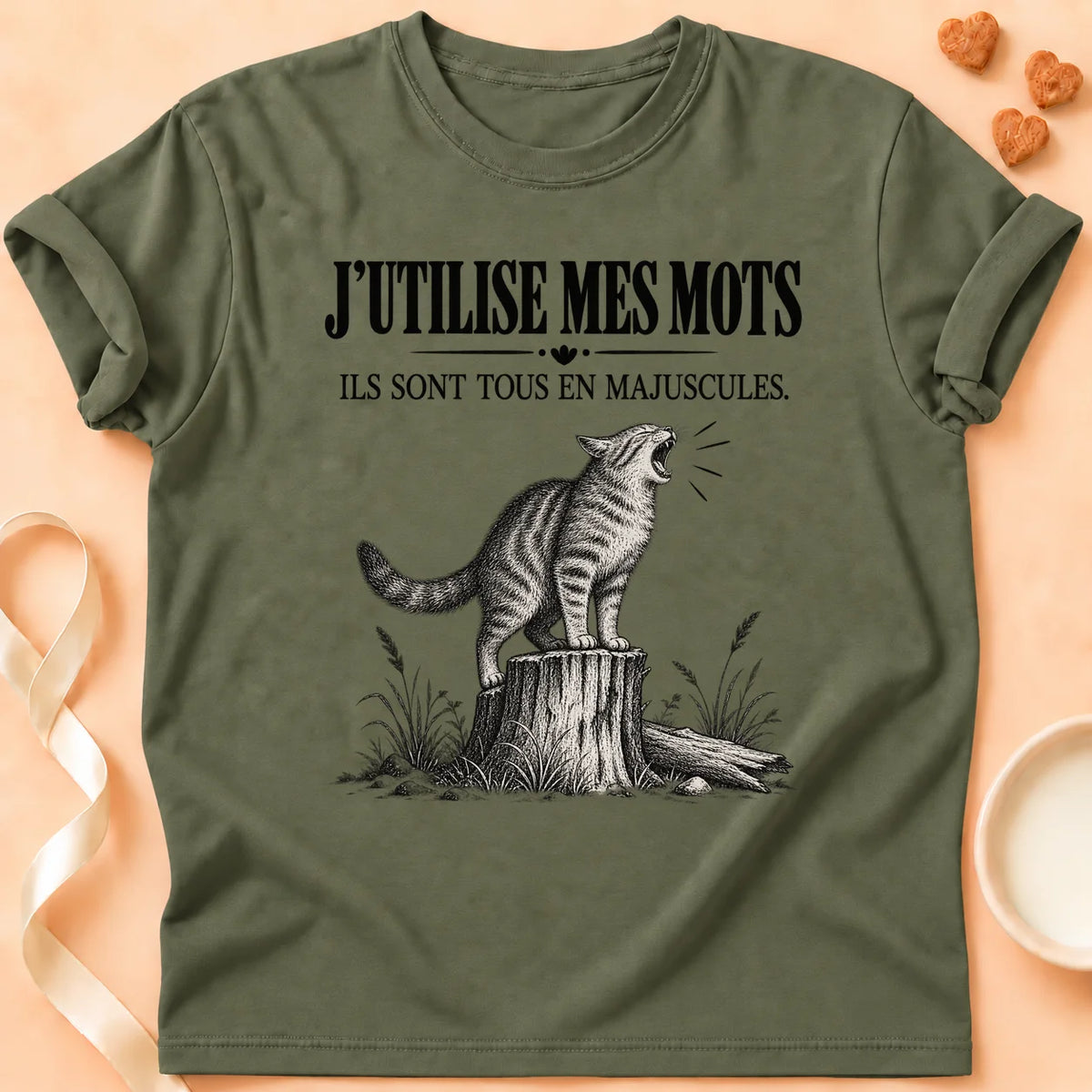 T-shirt chat Patoume – T-shirt Mes mots – Vert kaki