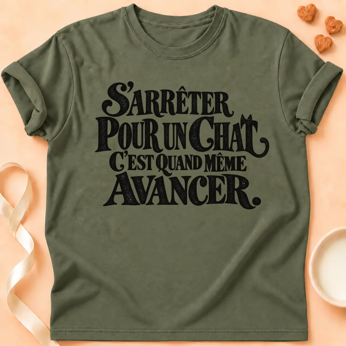 T-shirt chat Patoume – T-shirt S’arrêter pour un chat – Vert kaki