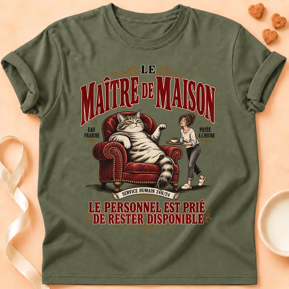 T-shirt chat Patoume – T-shirt Maître de maison – Vert kaki