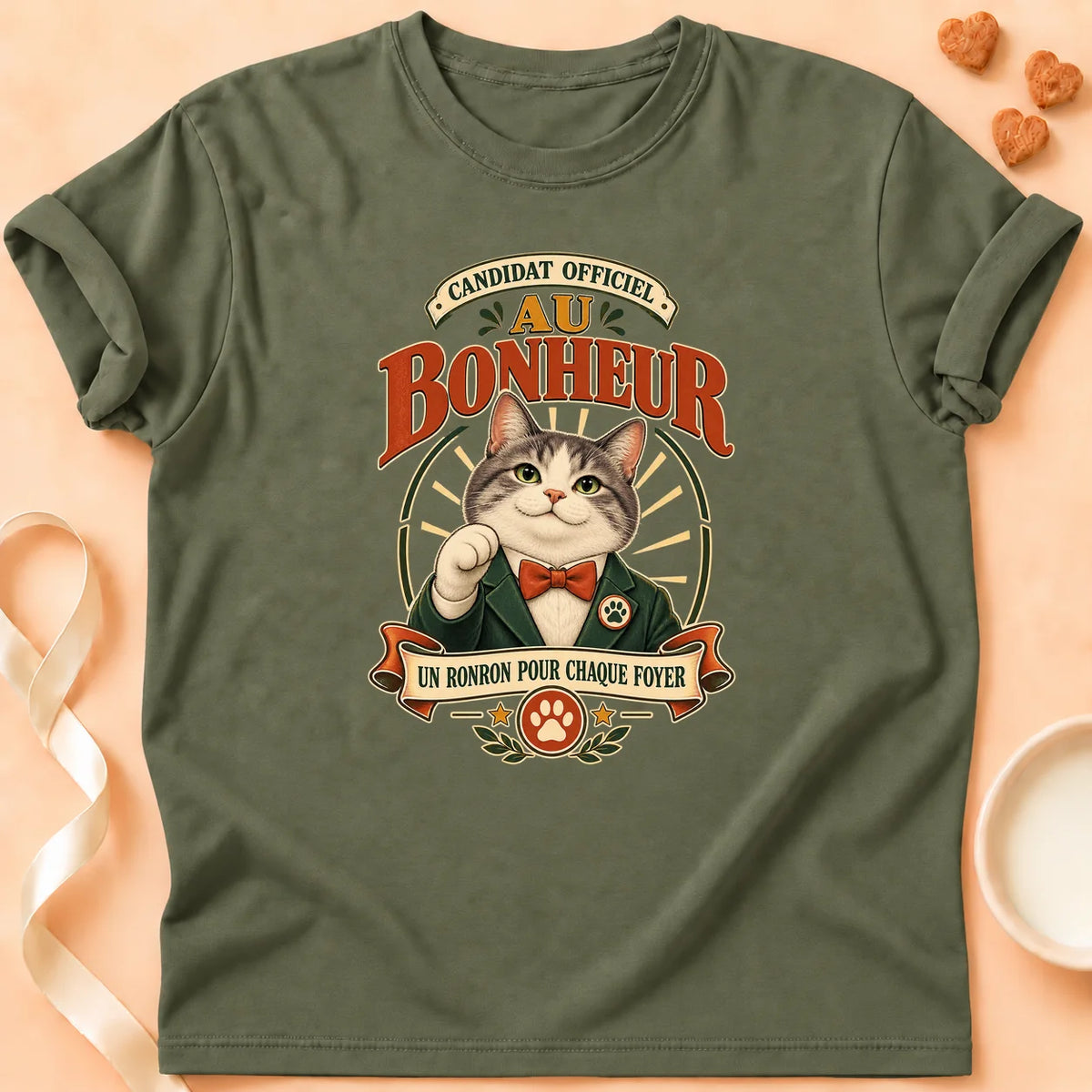 T-shirt chat Patoume – T-shirt Candidat au bonheur – Vert kaki