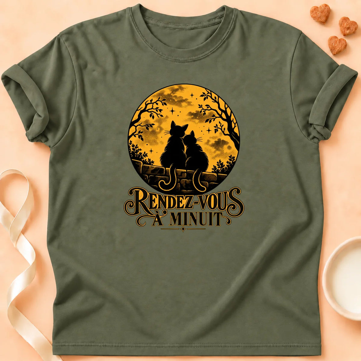 T-shirt chat Patoume – T-shirt Rdv à minuit – Vert kaki