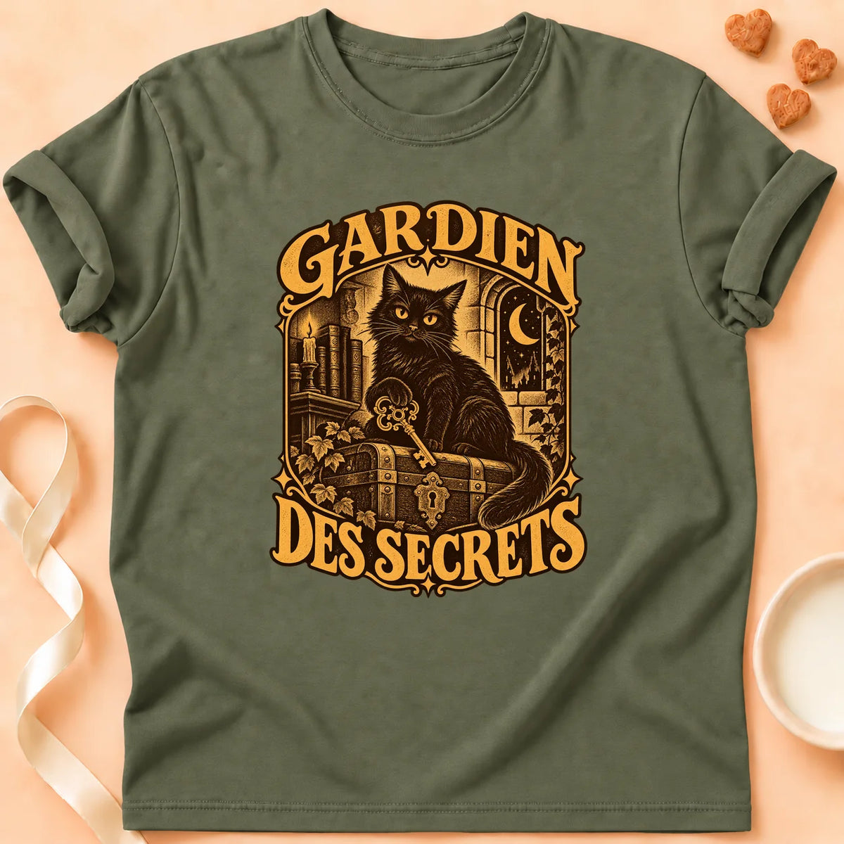 T-shirt chat Patoume – T-shirt Gardien des secrets – Vert kaki
