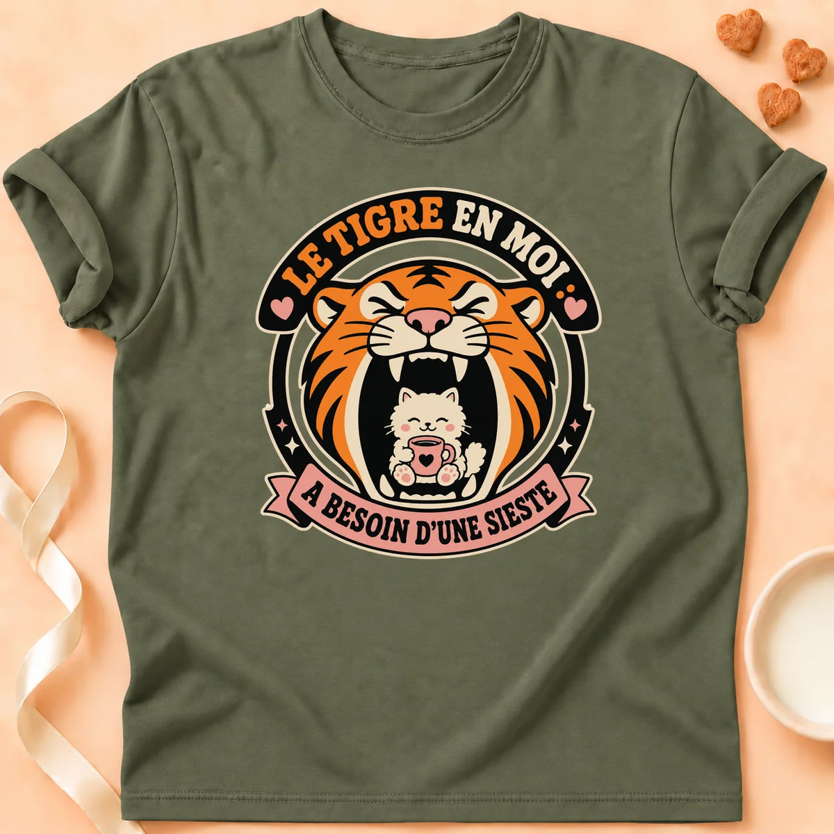 T-shirt chat Patoume – T-Shirt Sieste – Vert kaki