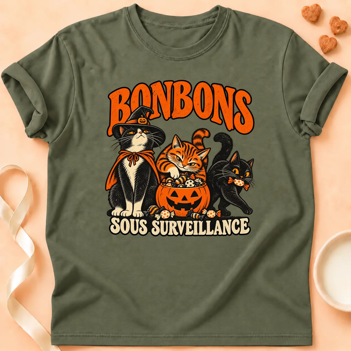 T-shirt chat Patoume – T-shirt Bonbons sous surveillance – Vert kaki