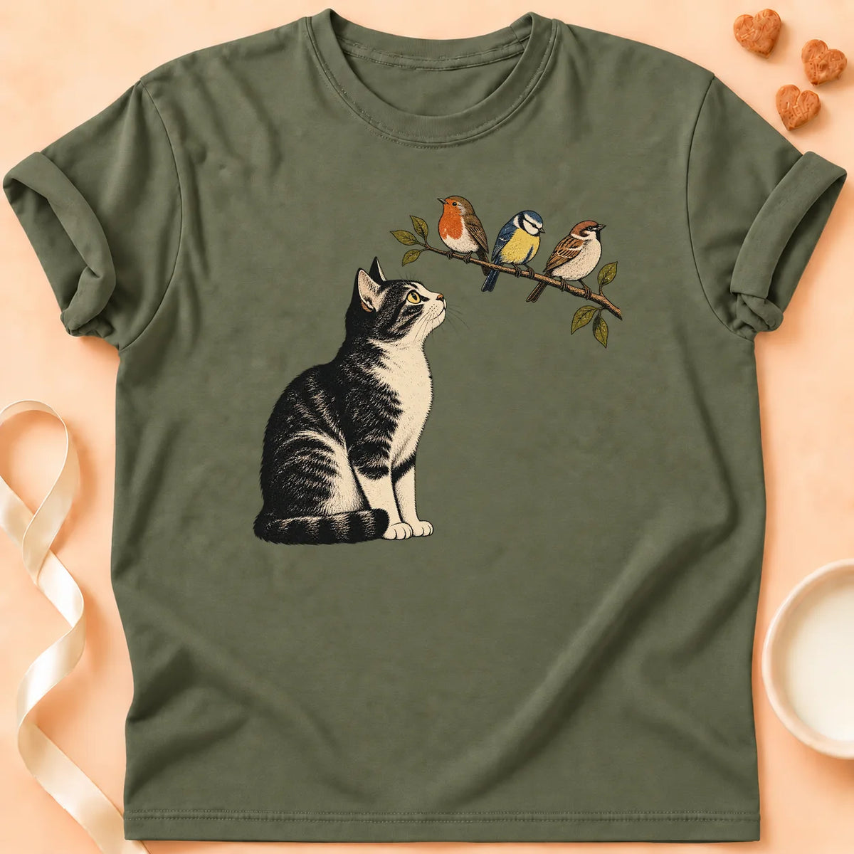 T-shirt chat Patoume – T-shirt Oiseaux – Vert kaki