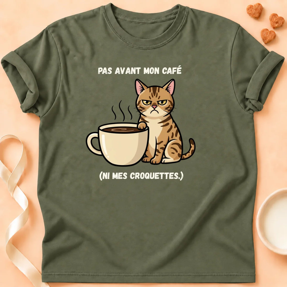T-shirt chat Patoume – T-Shirt Café – Vert kaki