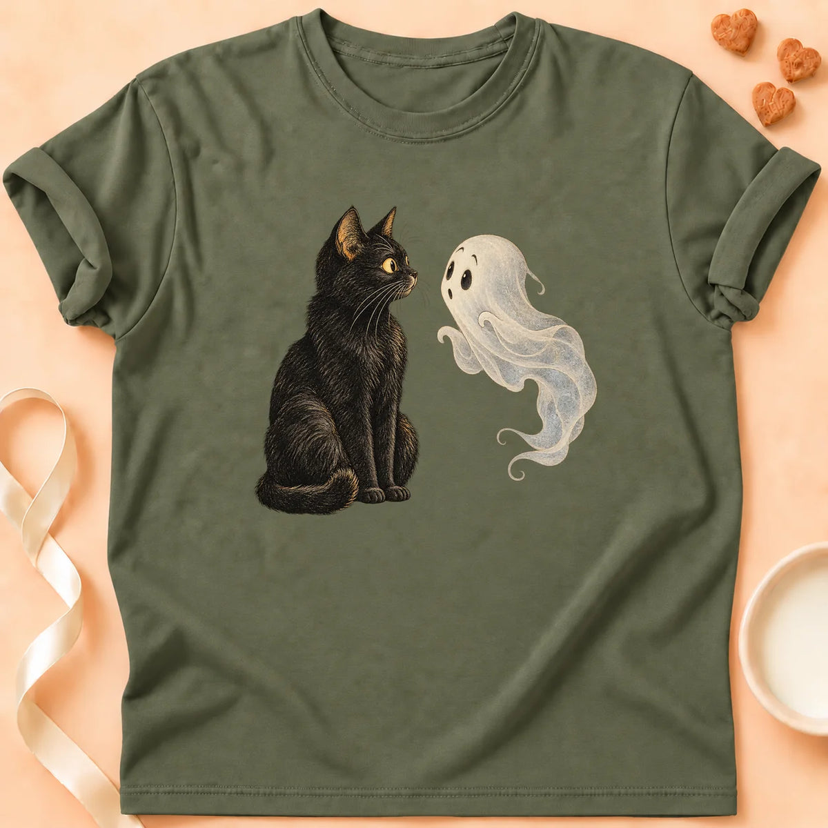 T-shirt chat Patoume – T-shirt Fantôme sous surveillance – Vert kaki